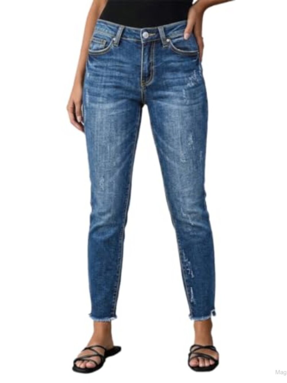 Straight Leg Capri Cropped Jeans for Women Skinny Mid Waist Ripped Raw Hem